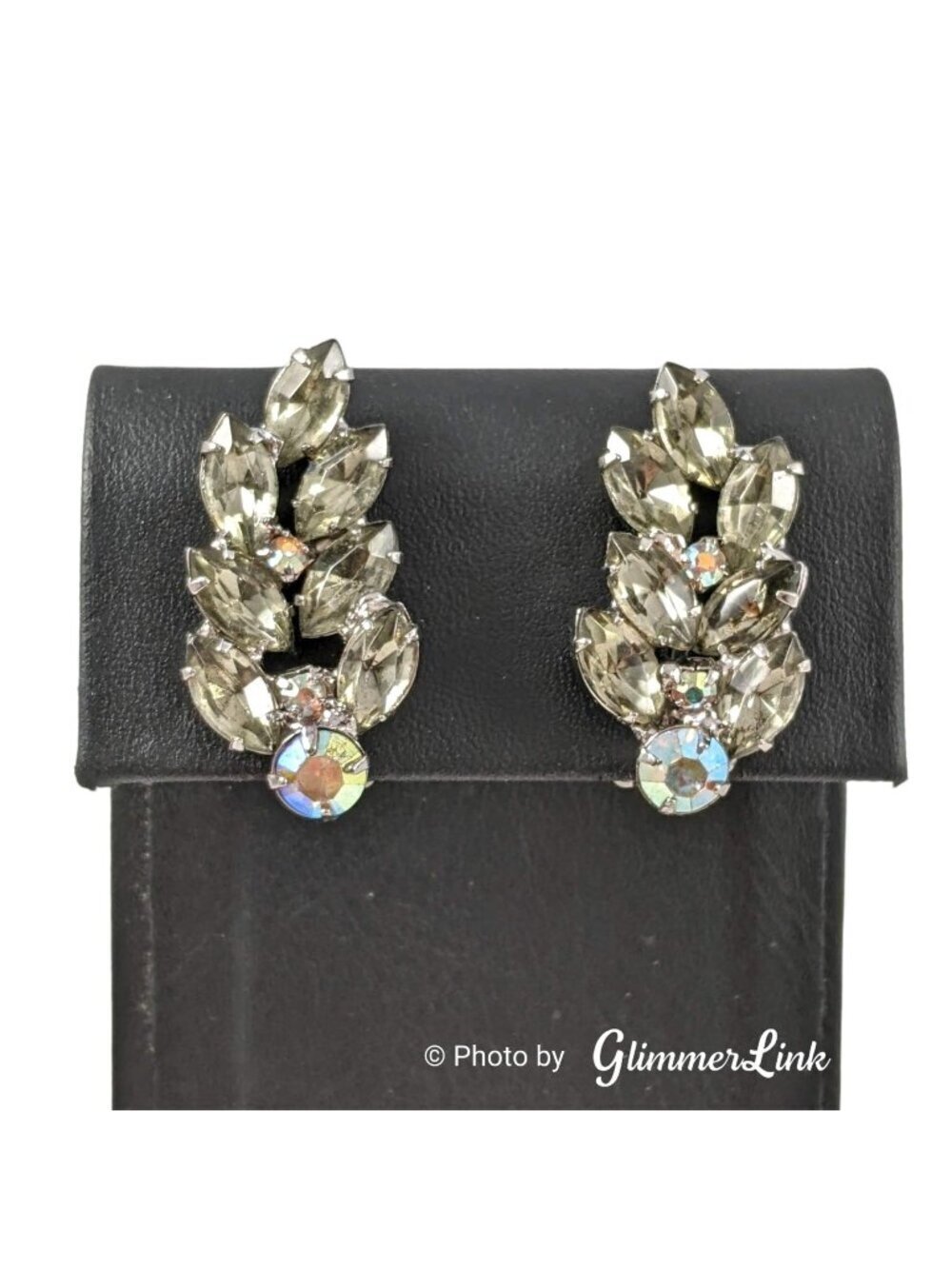 Vintage Smoky Gray Navette & AB Rhinestone Clip On Earrings